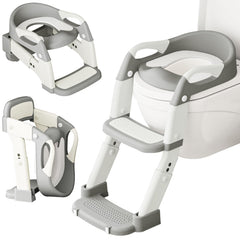 DEEKI 3-in-1 potty seat with ladder grey, compact foldable design for space-saving bathroom.