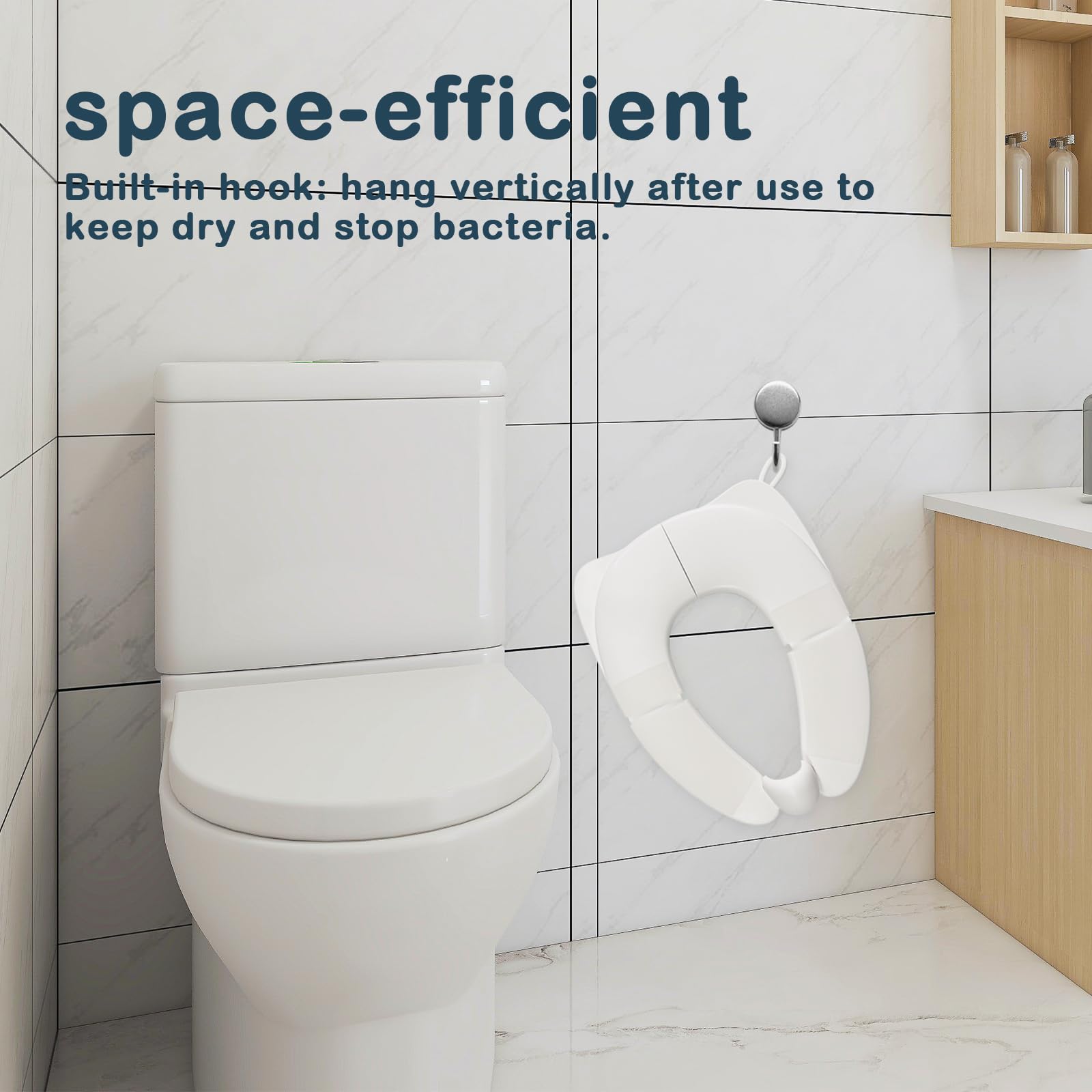 DEEKI potty seat anti-pinch hinge keeps tiny fingers safe during setup.