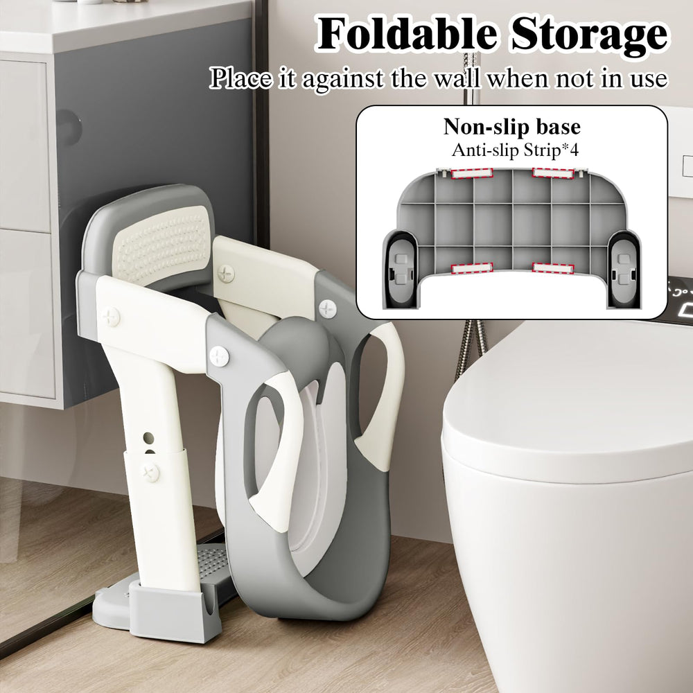 DEEKI foldable potty seat stored flat for travel or small bathrooms.