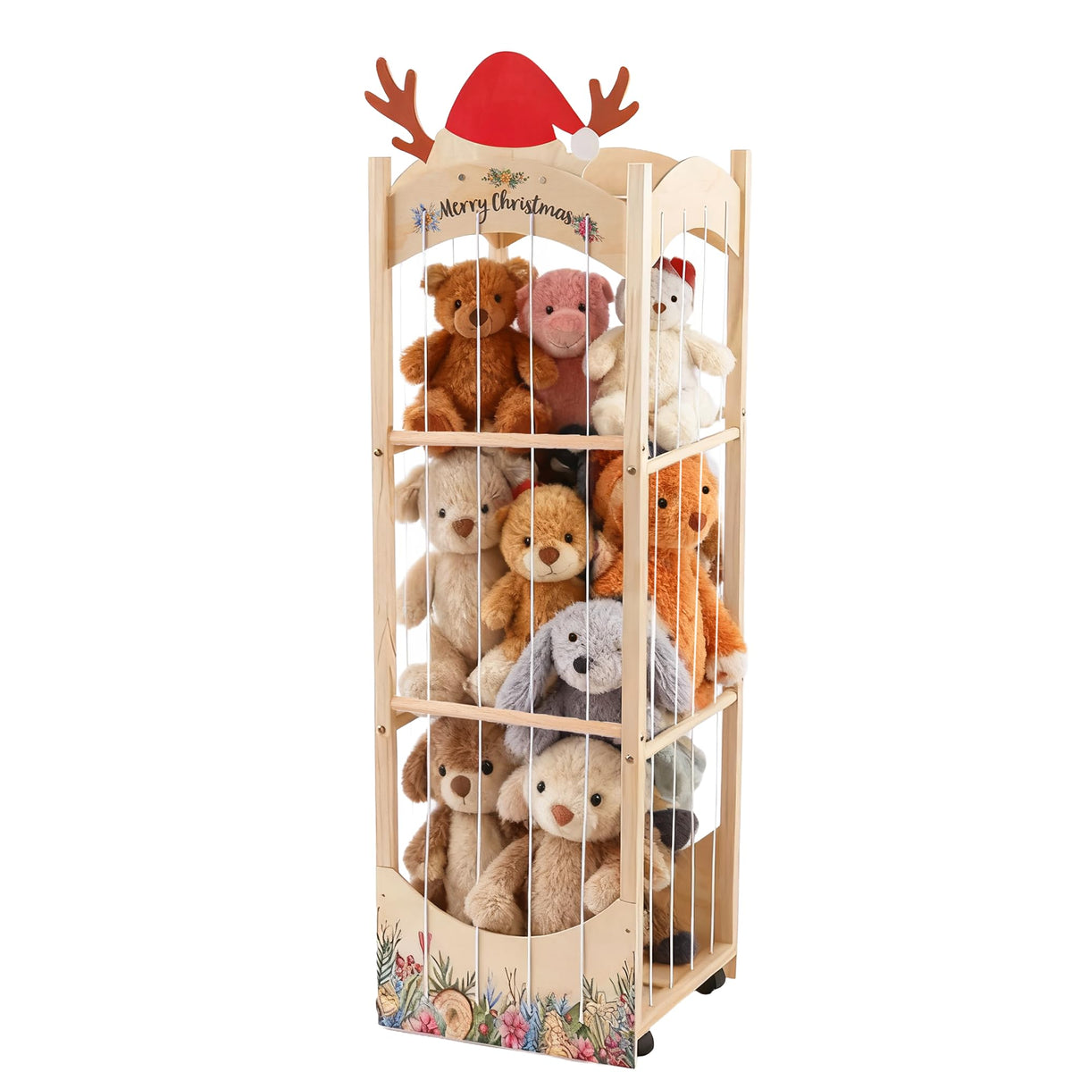 deepredcoast stuffed animal storage with reindeer hat showcases festive nursery charm and organization