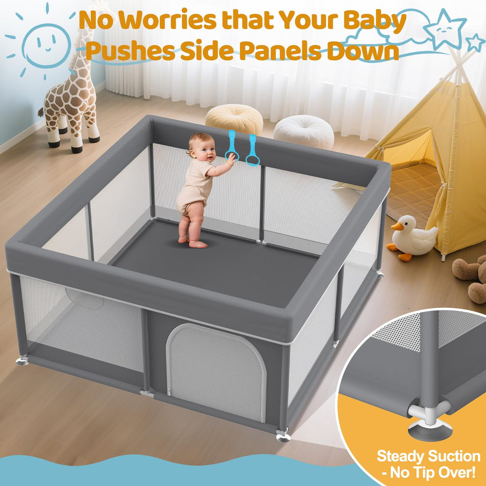 Deeteck playpen side view with breathable mesh for easy supervision