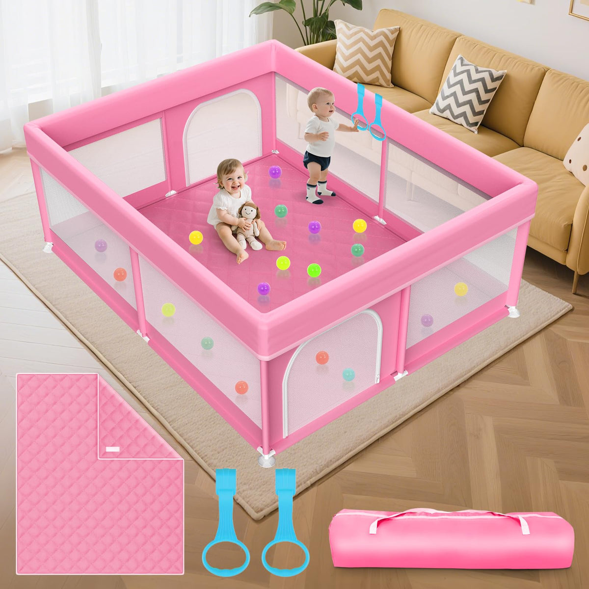 Deeteck 79x71 in baby playpen with pink mat for non-slip, safe play.
