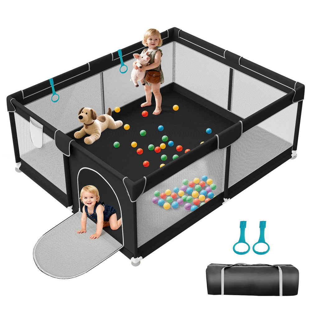 Deeteck playpen outer view in black showing spacious space for babies to explore safely