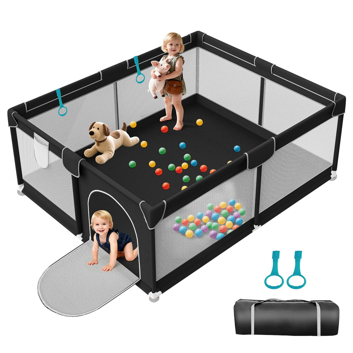 Deeteck playpen outer view in black showing spacious space for babies to explore safely