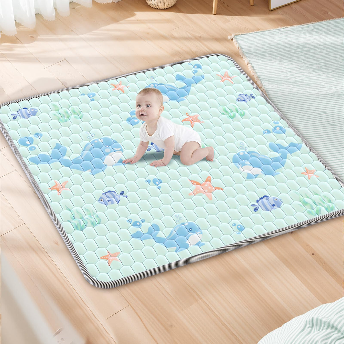 Deeteck baby play mat folded for easy storage and portability.