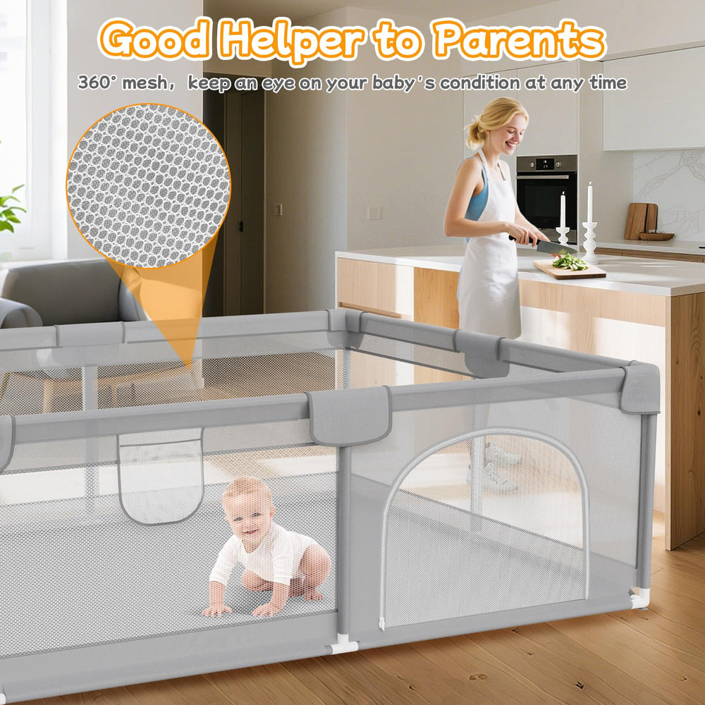 Deeteck baby playpen 2-handles close-up highlights grip aids for early standing practice.