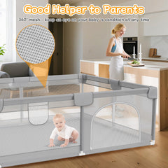 Deeteck baby playpen 2-handles close-up highlights grip aids for early standing practice.