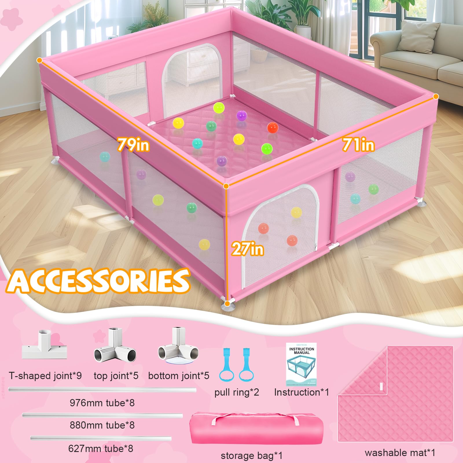 Deeteck playpen shows 360-degree breathable mesh for visibility and ventilation.