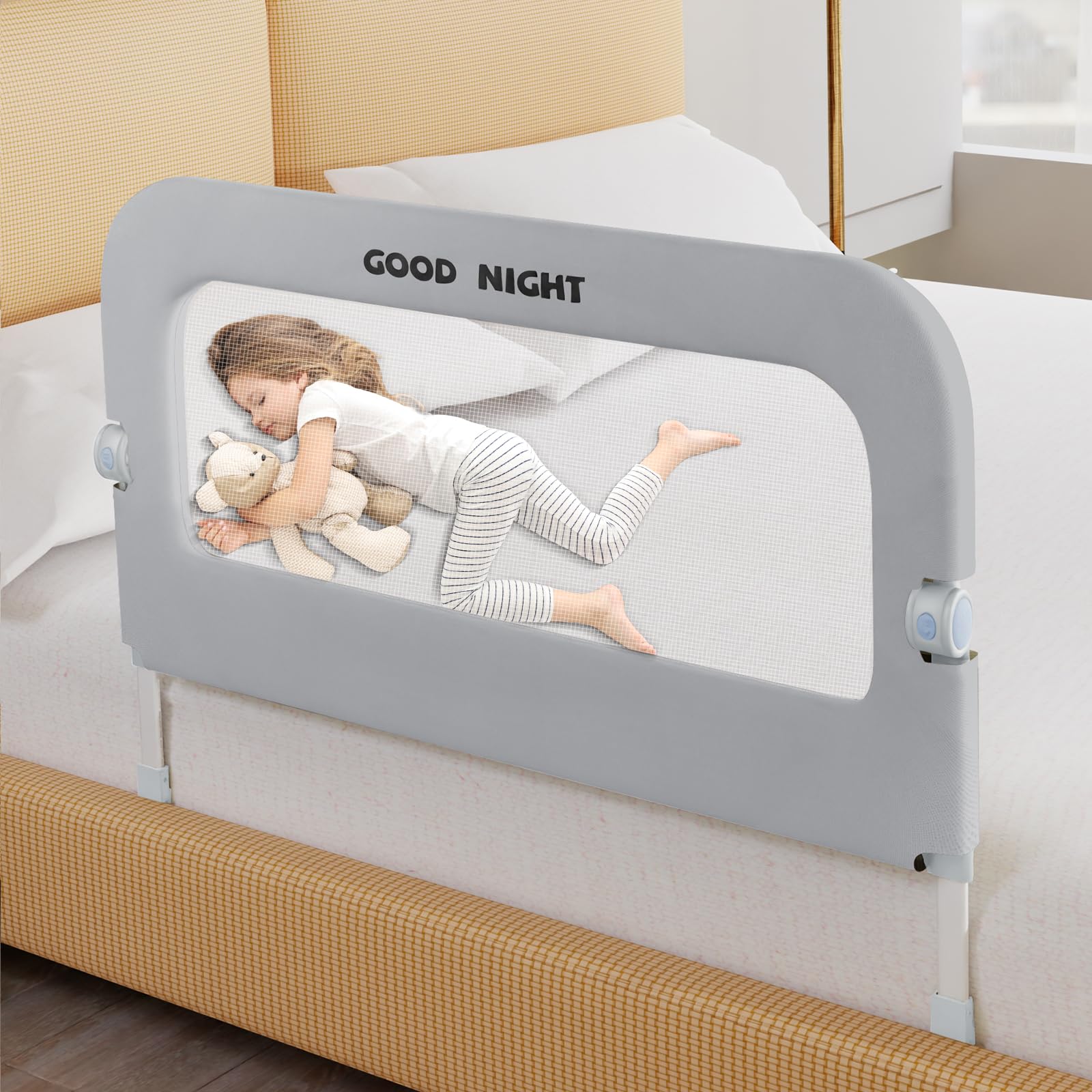 Deeteck bed guard rail 32inch assembly shows sturdy U-shaped base for stable baby sleep.