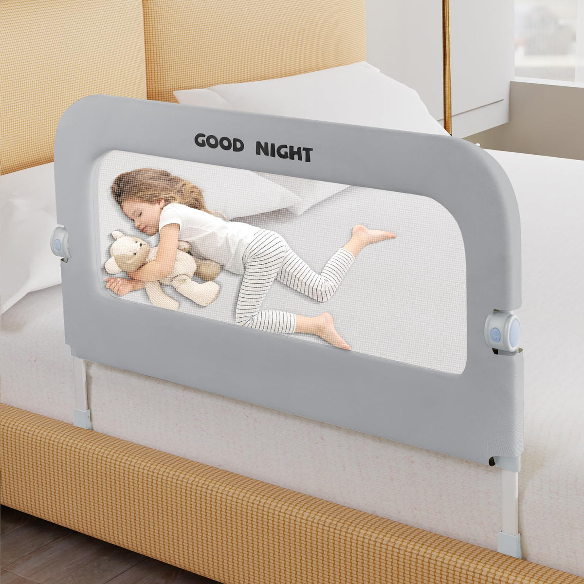 Deeteck bed guard rail 32inch assembly shows sturdy U-shaped base for stable baby sleep.