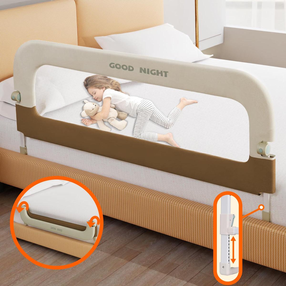 Deeteck bed guard rail 59inch assembled demonstrates stable, safe toddler sleep setup