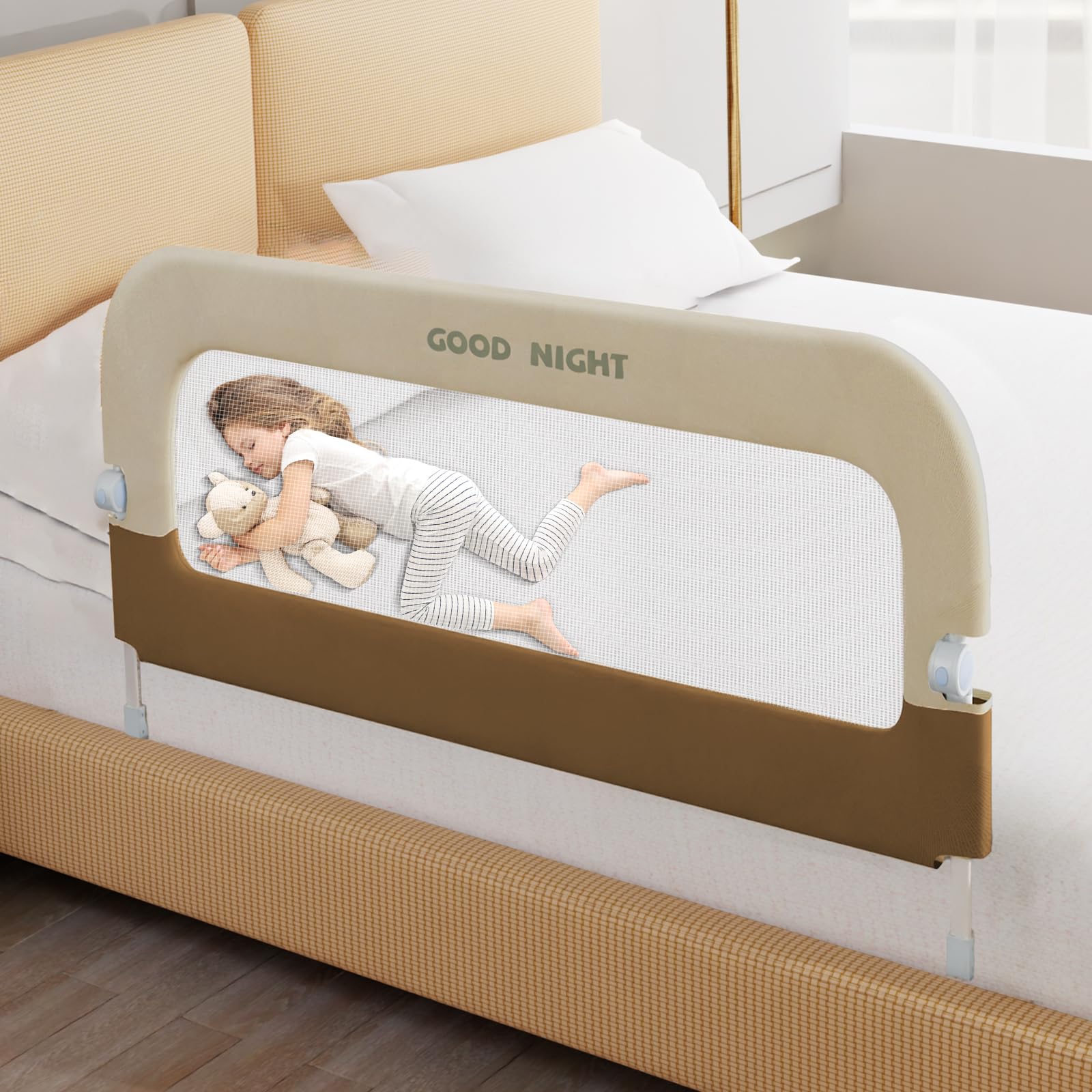 Deeteck bed guard rail assembled shows stable U-shaped base for secure sleep