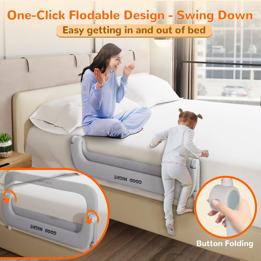 Deeteck bed guard rail folding design enables easy one-step setup and compact storage.
