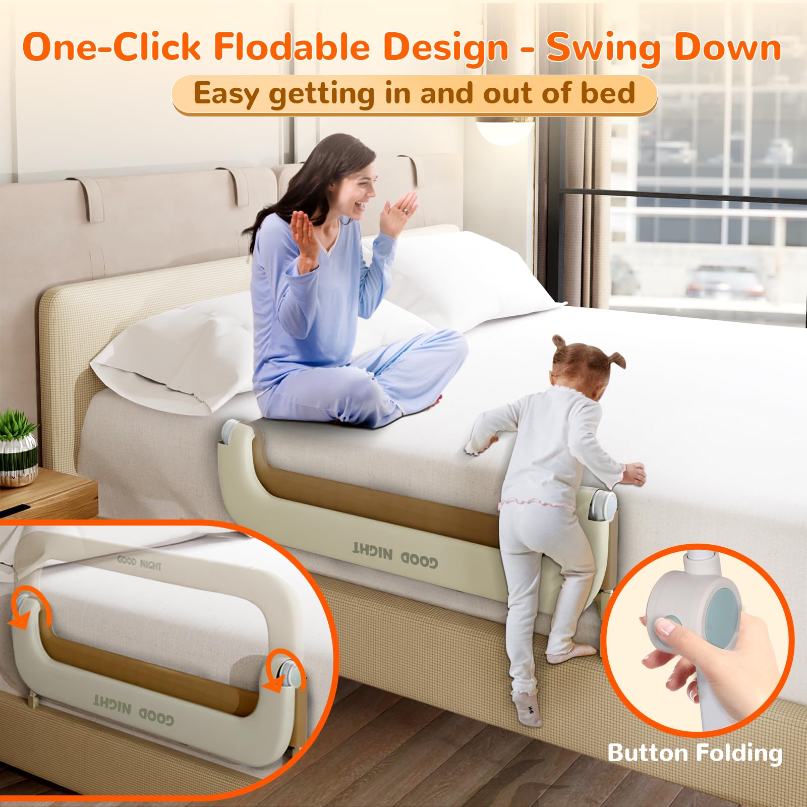 Deeteck bed guard rail folded for easy storage and quick bed access
