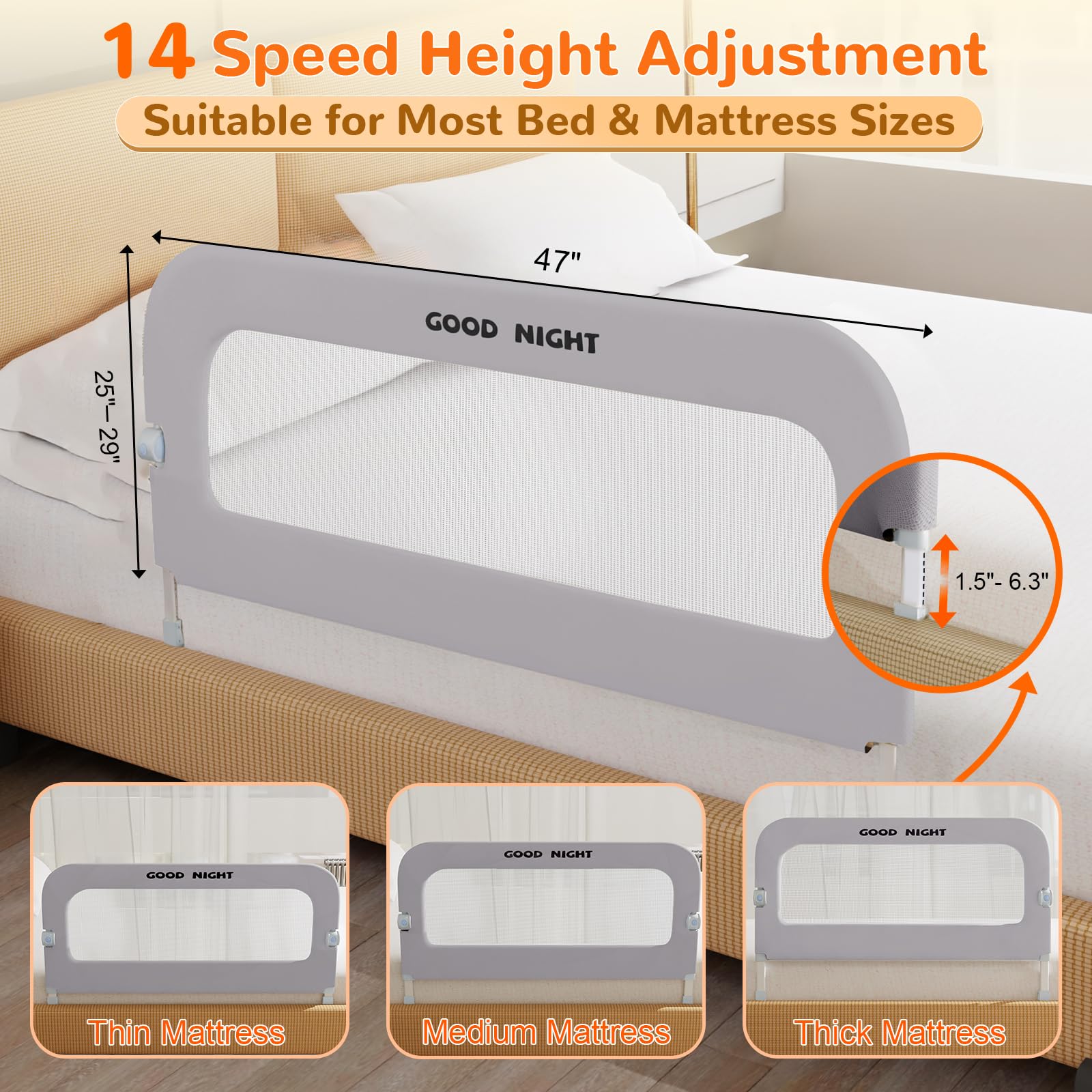 Deeteck bed guard rail installation shown for tool-free, rapid assembly between mattress and frame.