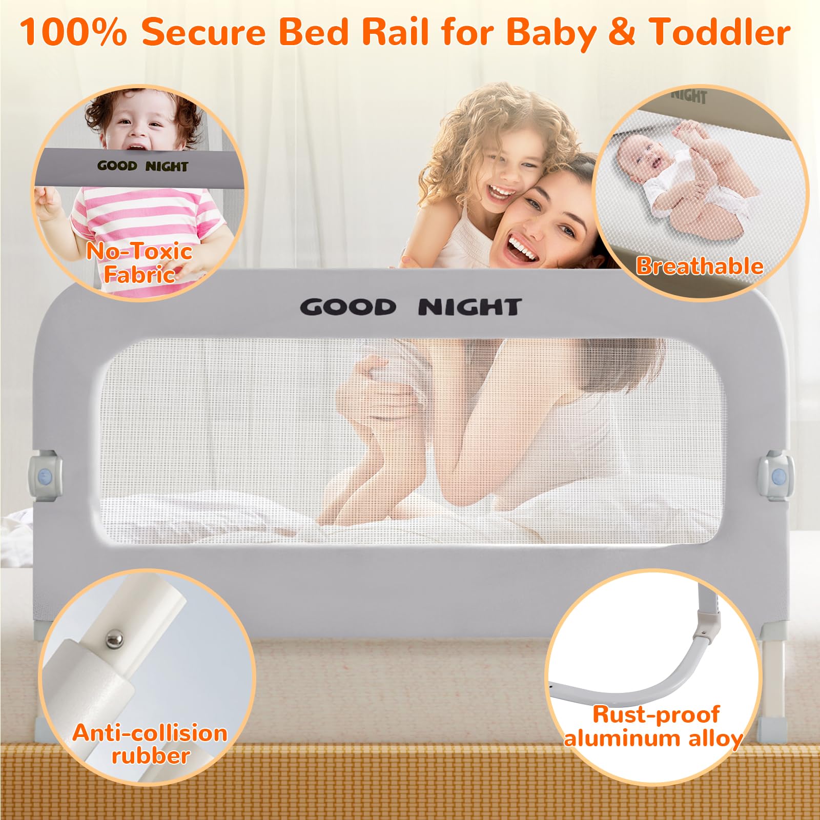Deeteck bed guard rail U-shape base emphasizes stability and safety during the night.
