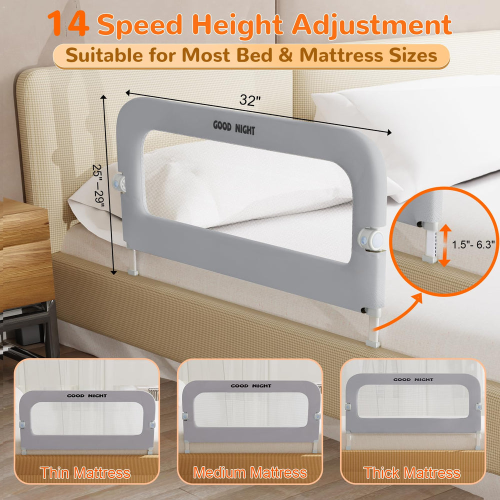 Deeteck bed guard rail universal fit demonstrates compatibility with twin, full, queen, king beds.
