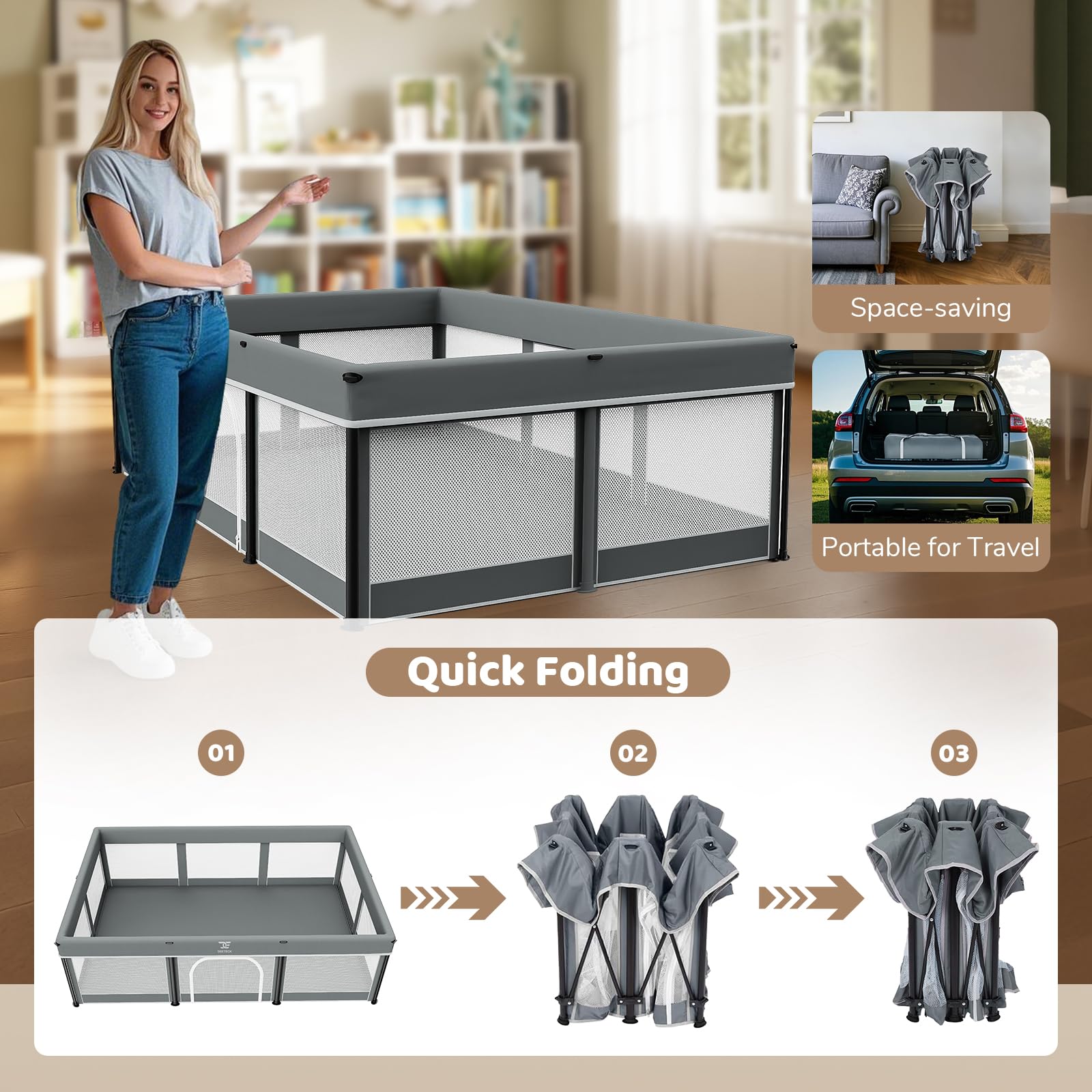 Deeteck foldable baby playpen outer view highlights spacious 74 by 50 inches play area.