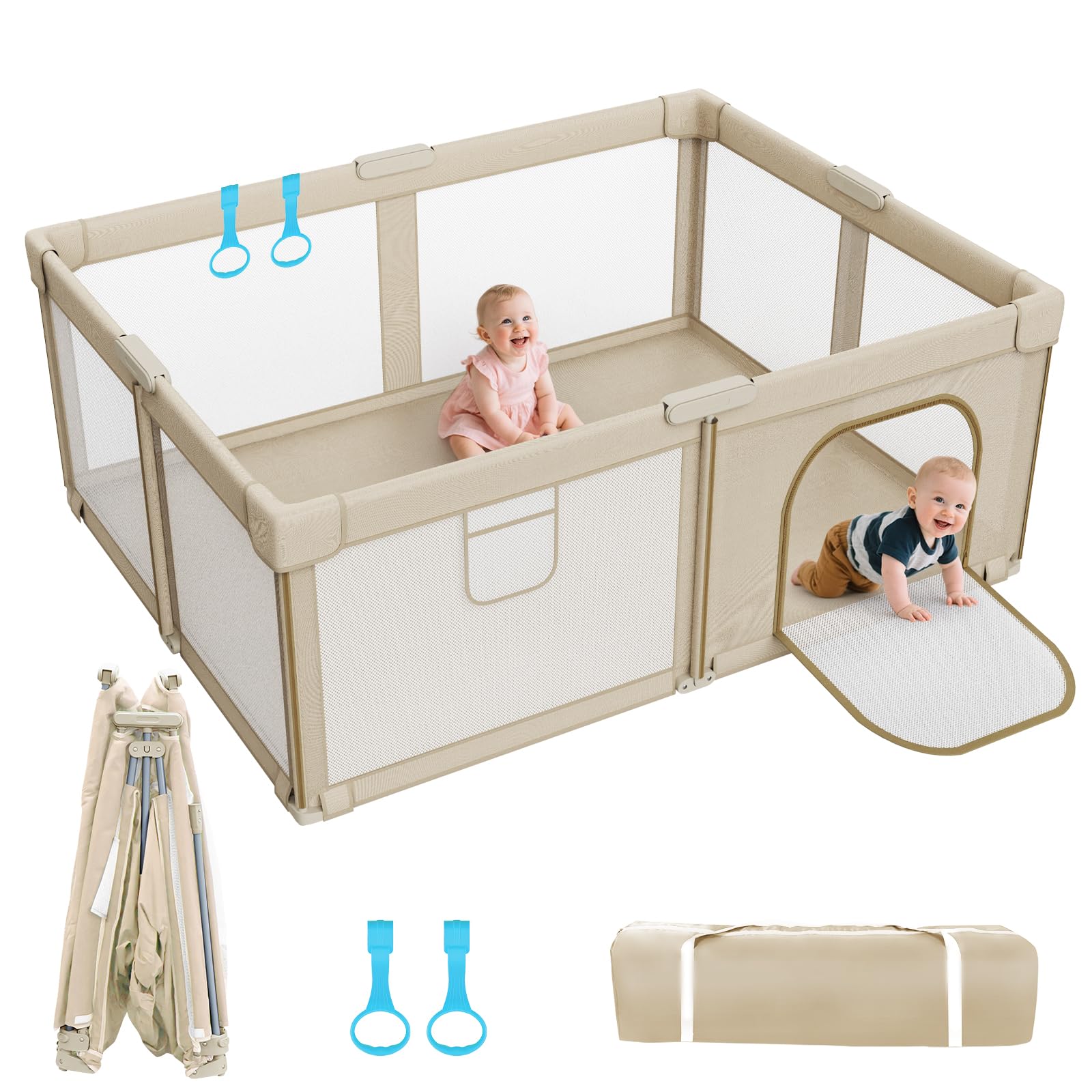 Deeteck foldable baby playpen setup demonstrates quick setup for easy travel and quick containment.