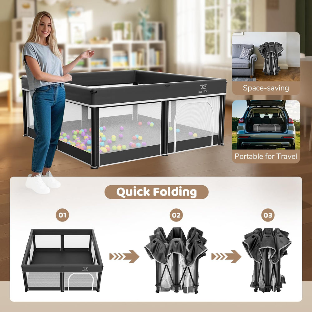 Deeteck foldable playpen with mat demonstrates comfy play surface.