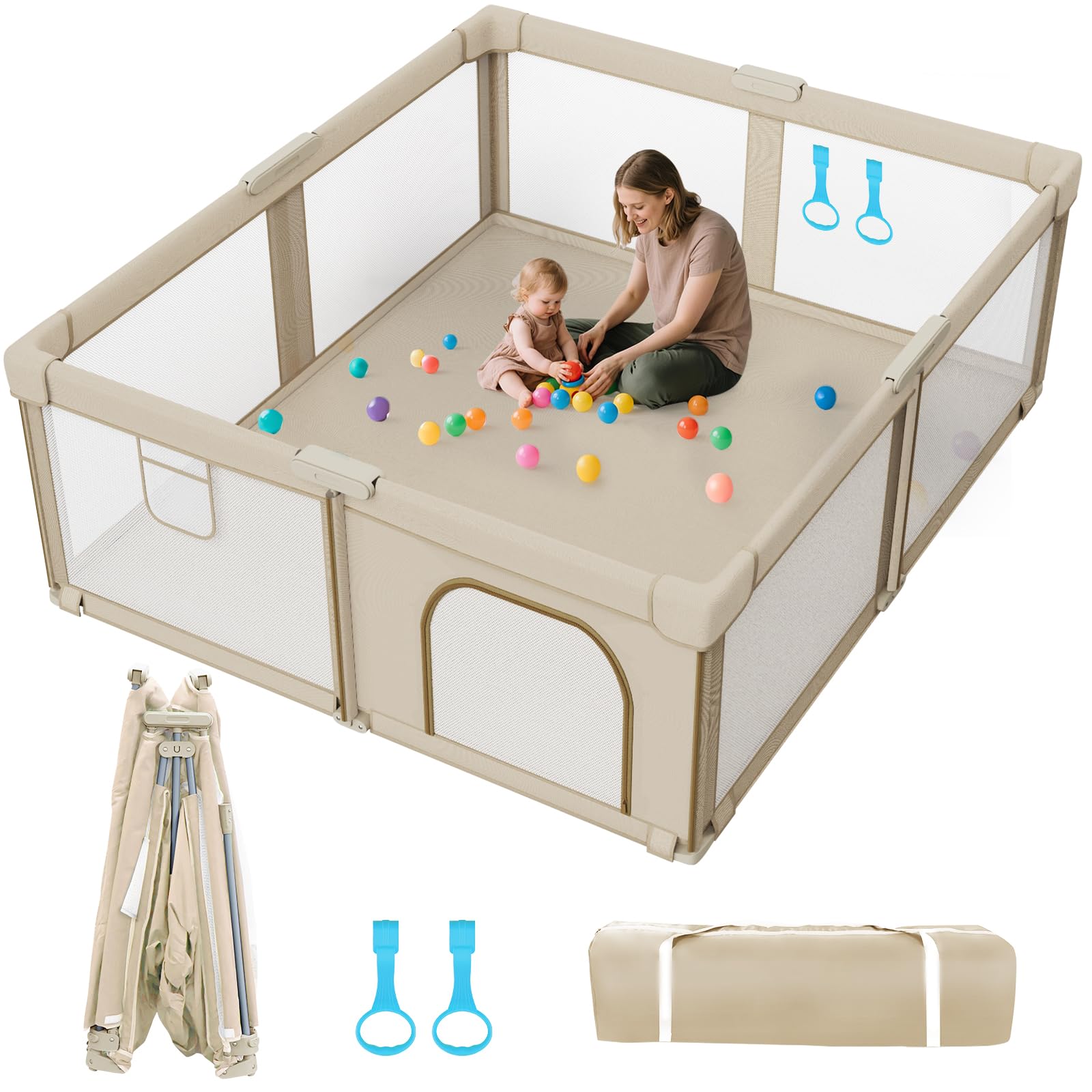 Deeteck foldable playpen with pull rings for early standing practice.