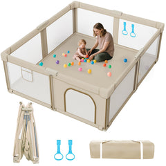 Deeteck foldable playpen with pull rings for early standing practice.