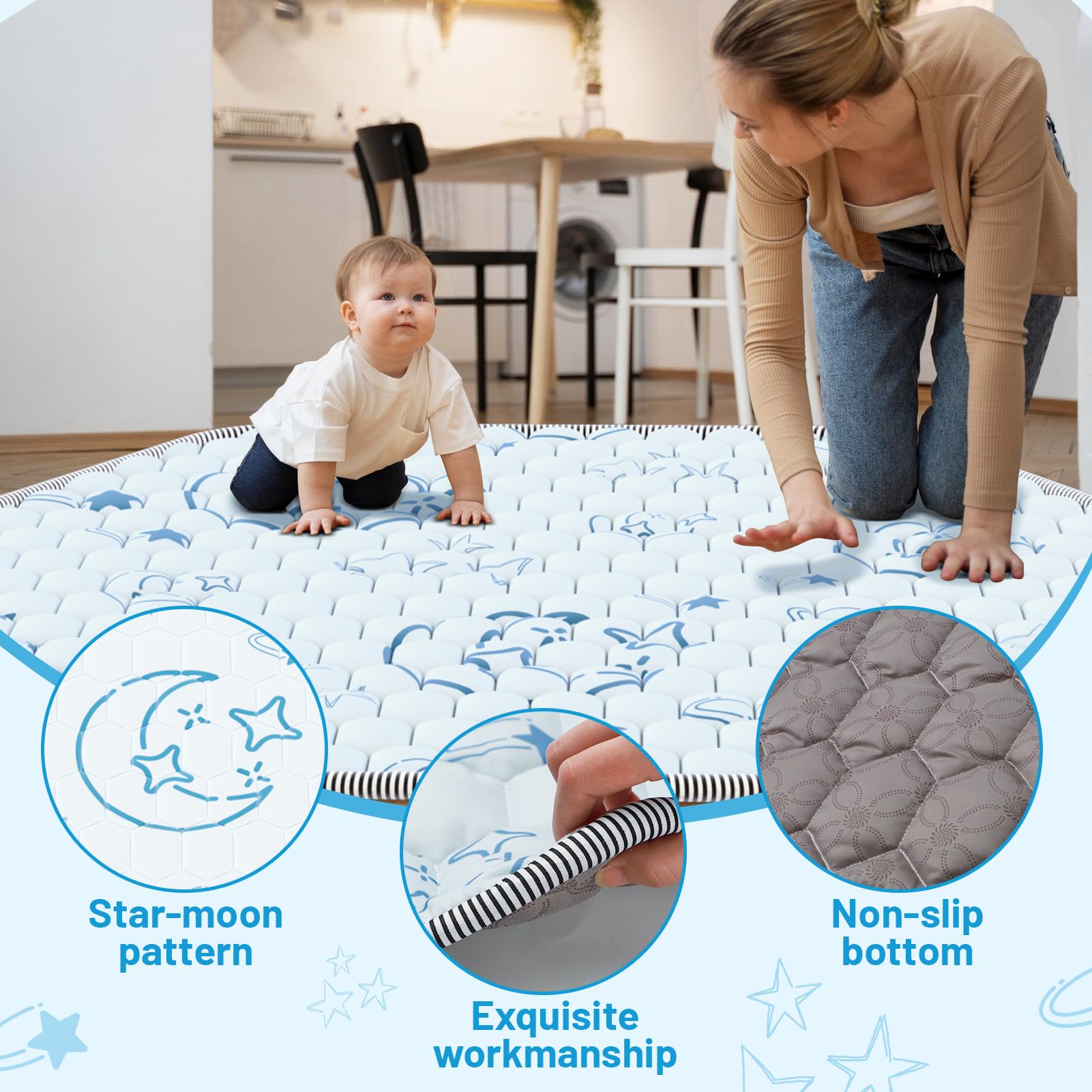 Deeteck hexagon play mat anti-slip bottom keeps baby safe during active play.