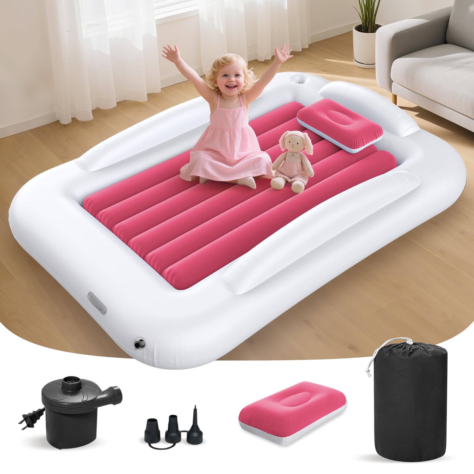 Deeteck inflatable toddler bed setup shows a roomy 53-inch sleep area for travel