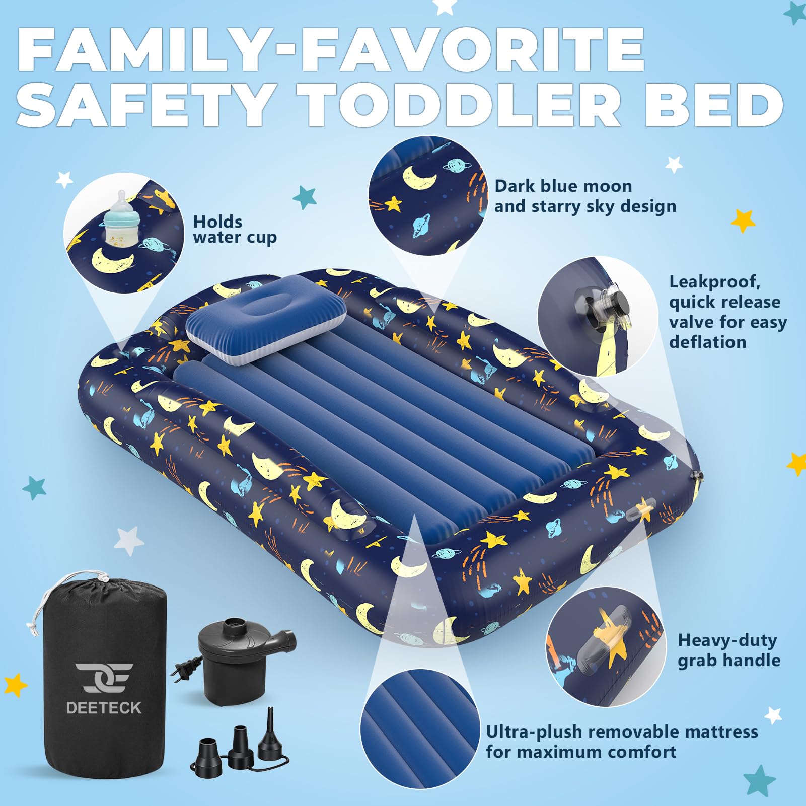 Deeteck inflatable toddler bed dark blue moon design close-up