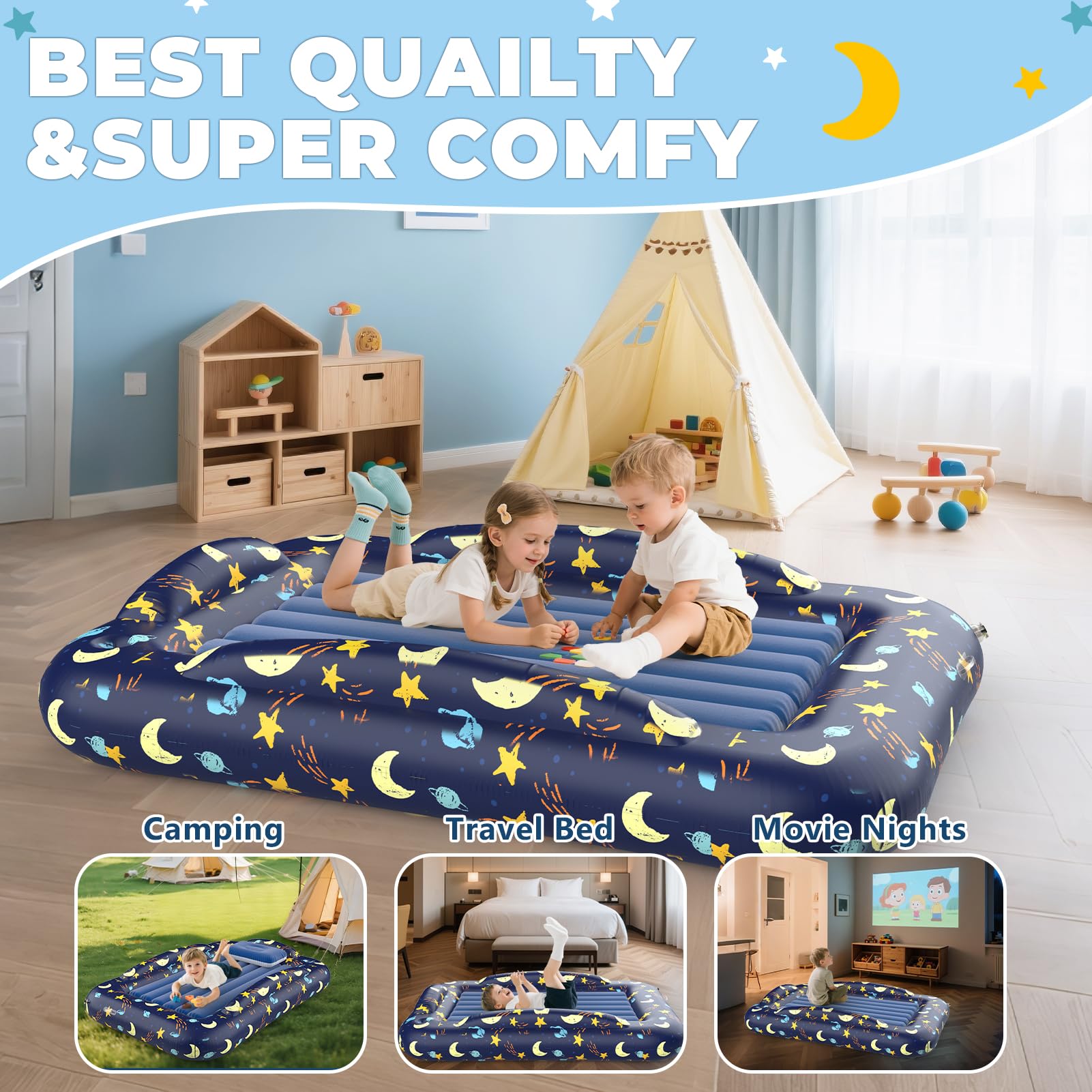 Deeteck inflatable toddler bed used in a hotel room setting