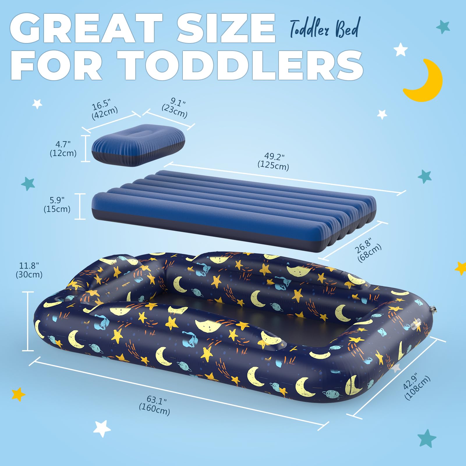 Deeteck inflatable toddler bed inflated in side view showing safety bumper