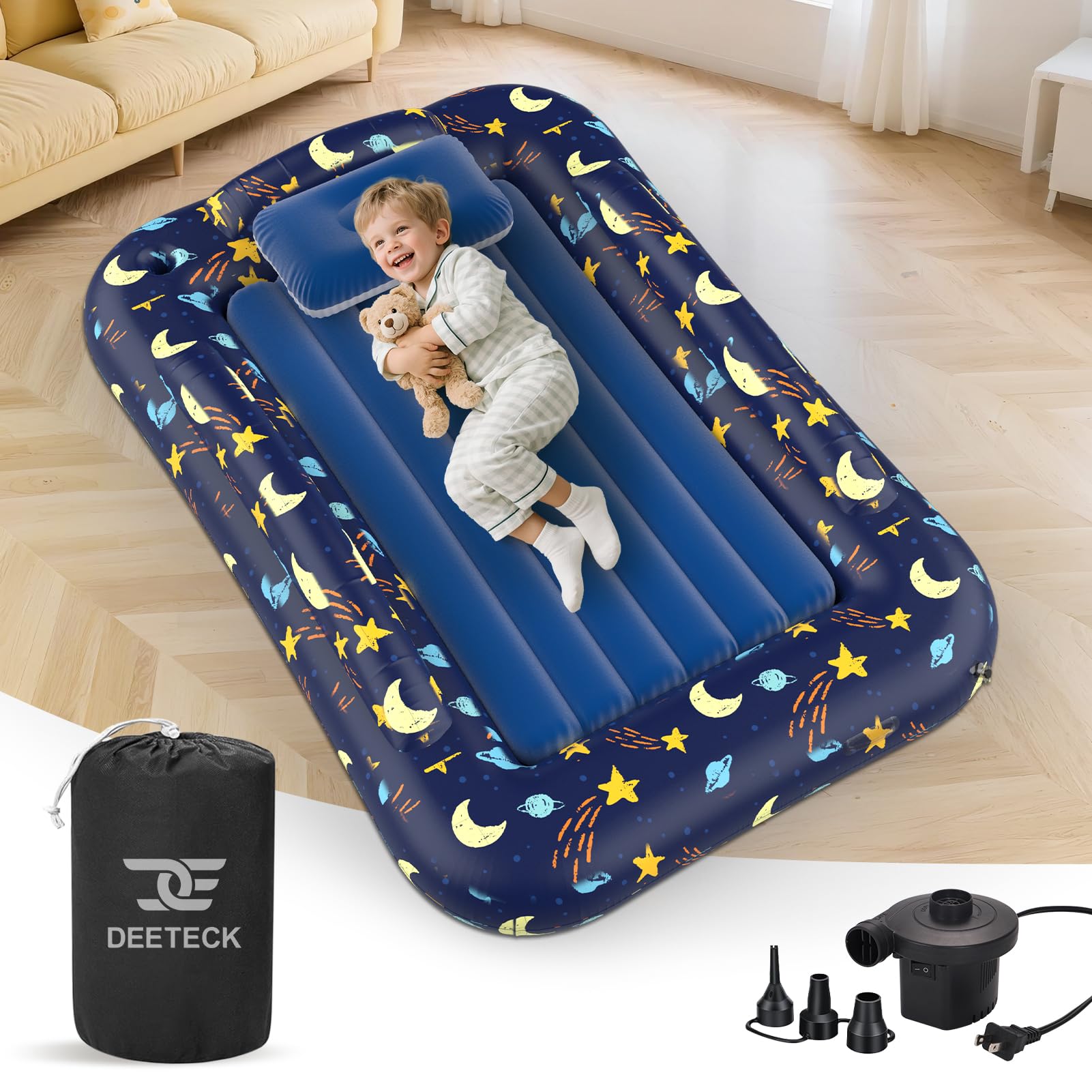 Deeteck inflatable toddler bed packed in carry bag for travel convenience