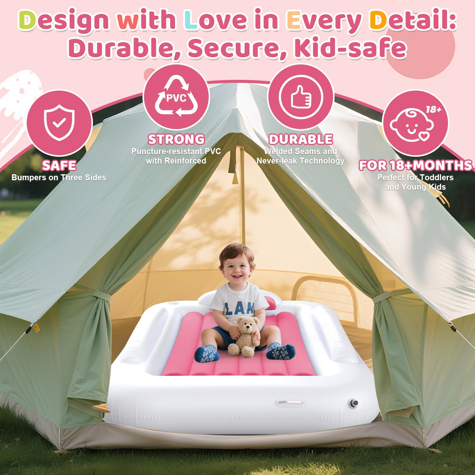 Deeteck inflatable toddler bed safety sides keep kids secure during rest away from home