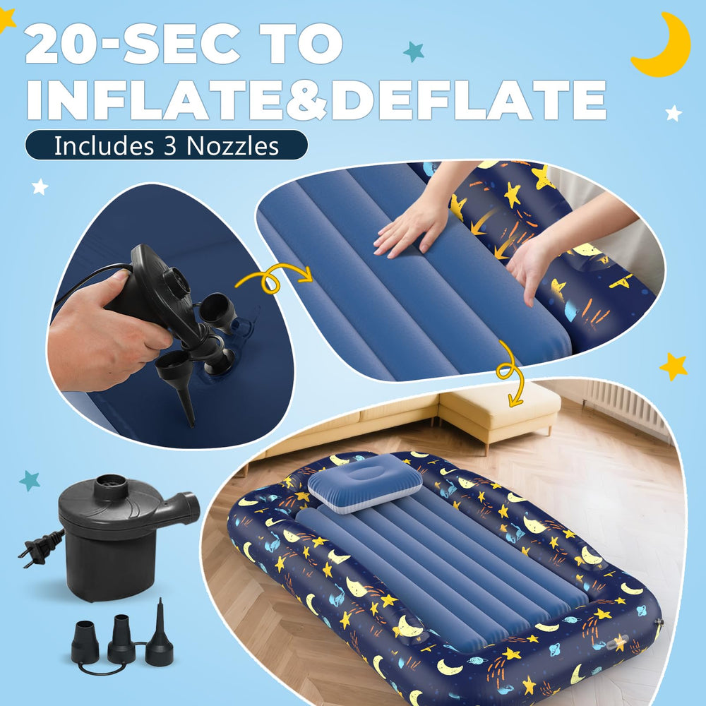 Deeteck inflatable toddler bed with child resting for cozy sleep setup