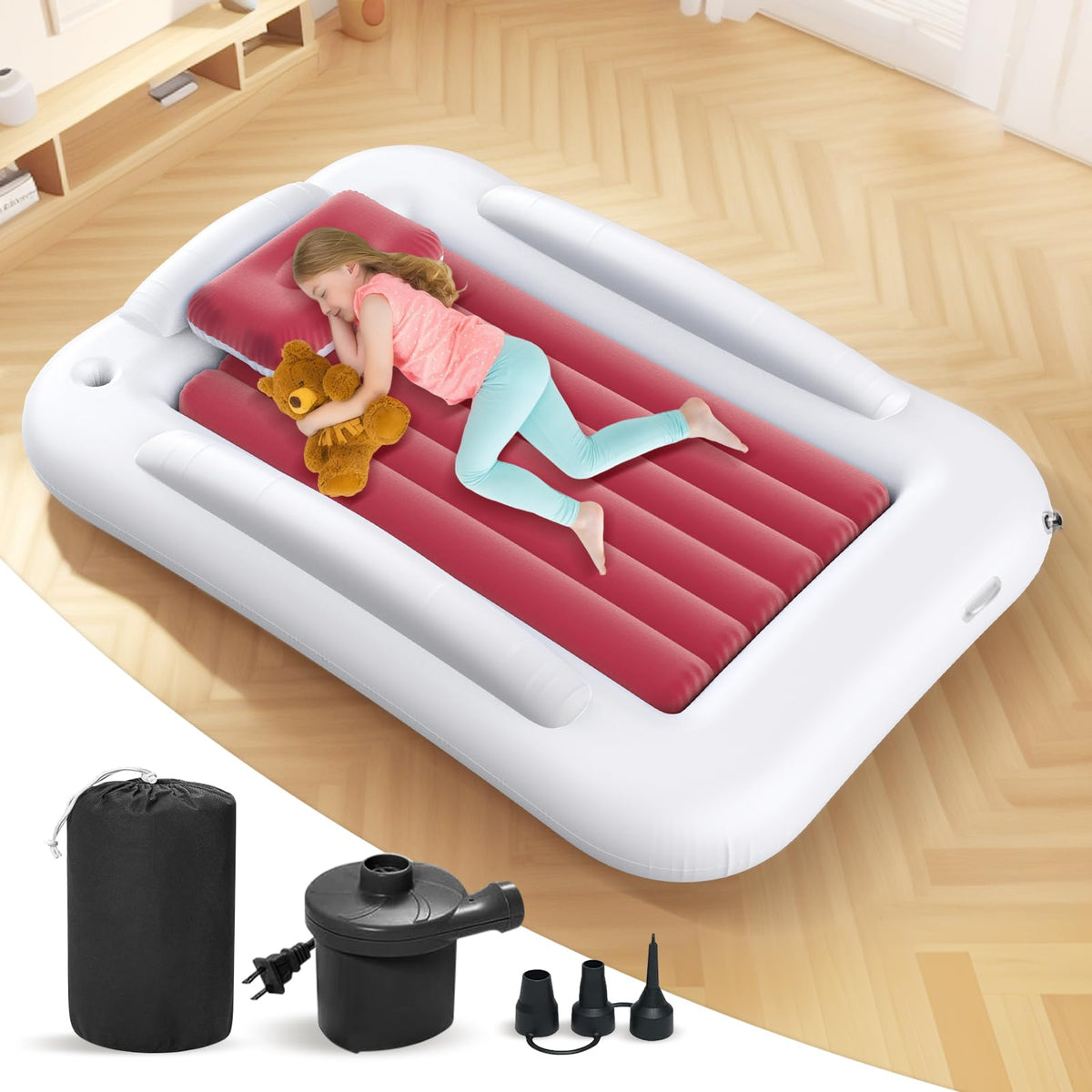 Deeteck inflatable toddler travel bed pink in-use with 60-inch space for play and sleep