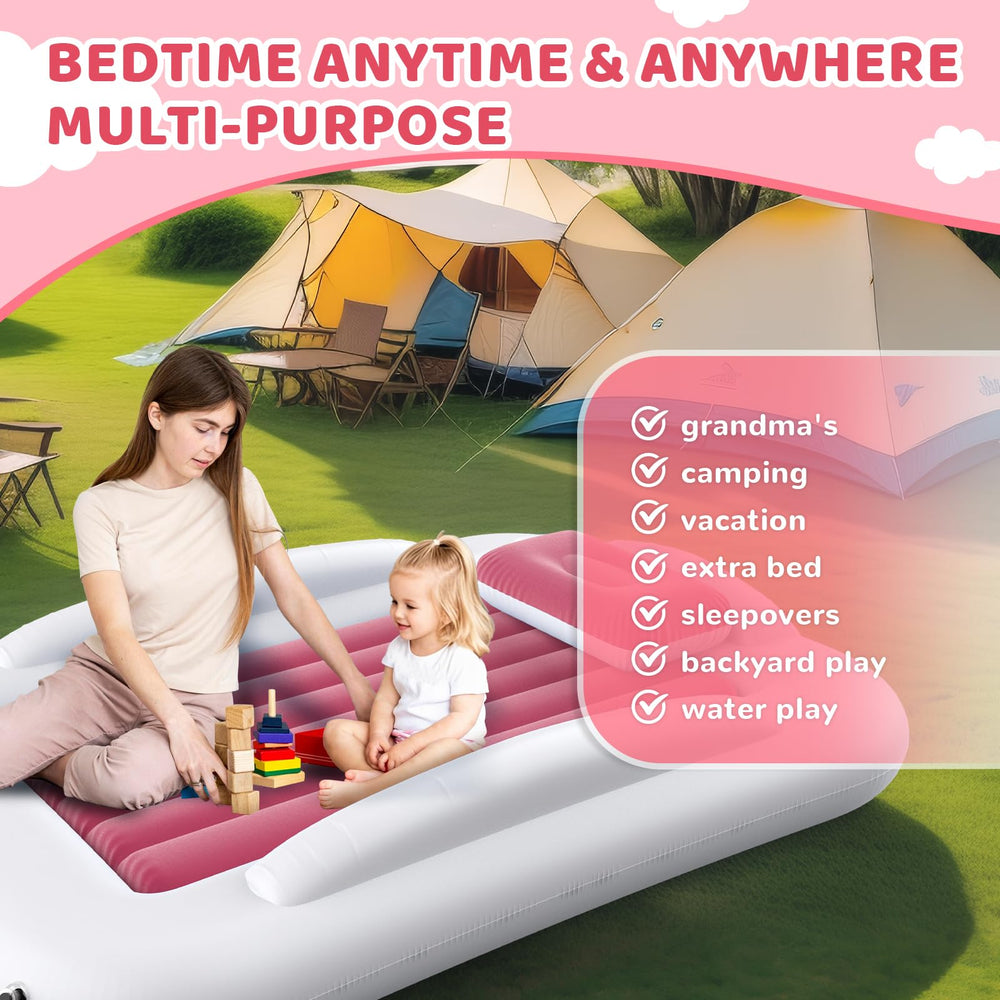 Deeteck pink portable bed at campsite enabling comfy naps