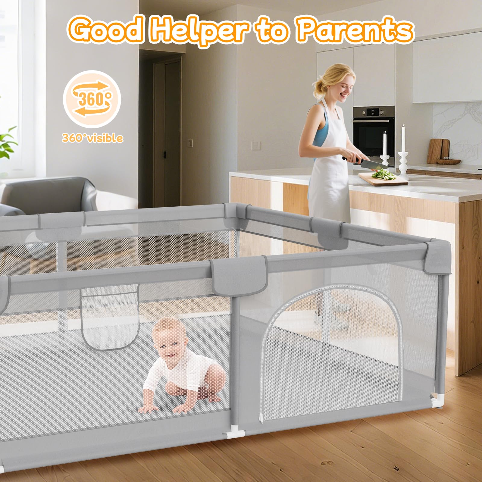 Deeteck playpen 360° view helps parents monitor baby from all angles.