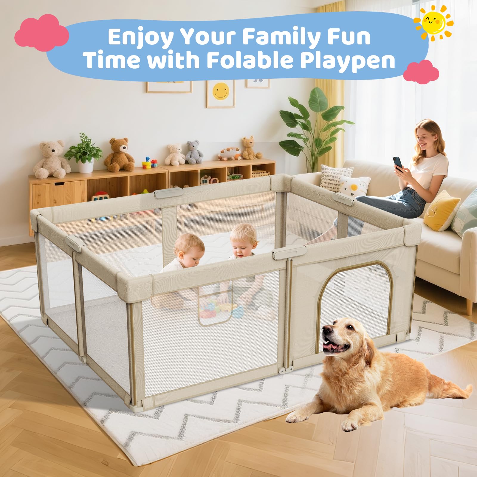 Deeteck playpen suitable for outdoor and indoor use with mats.