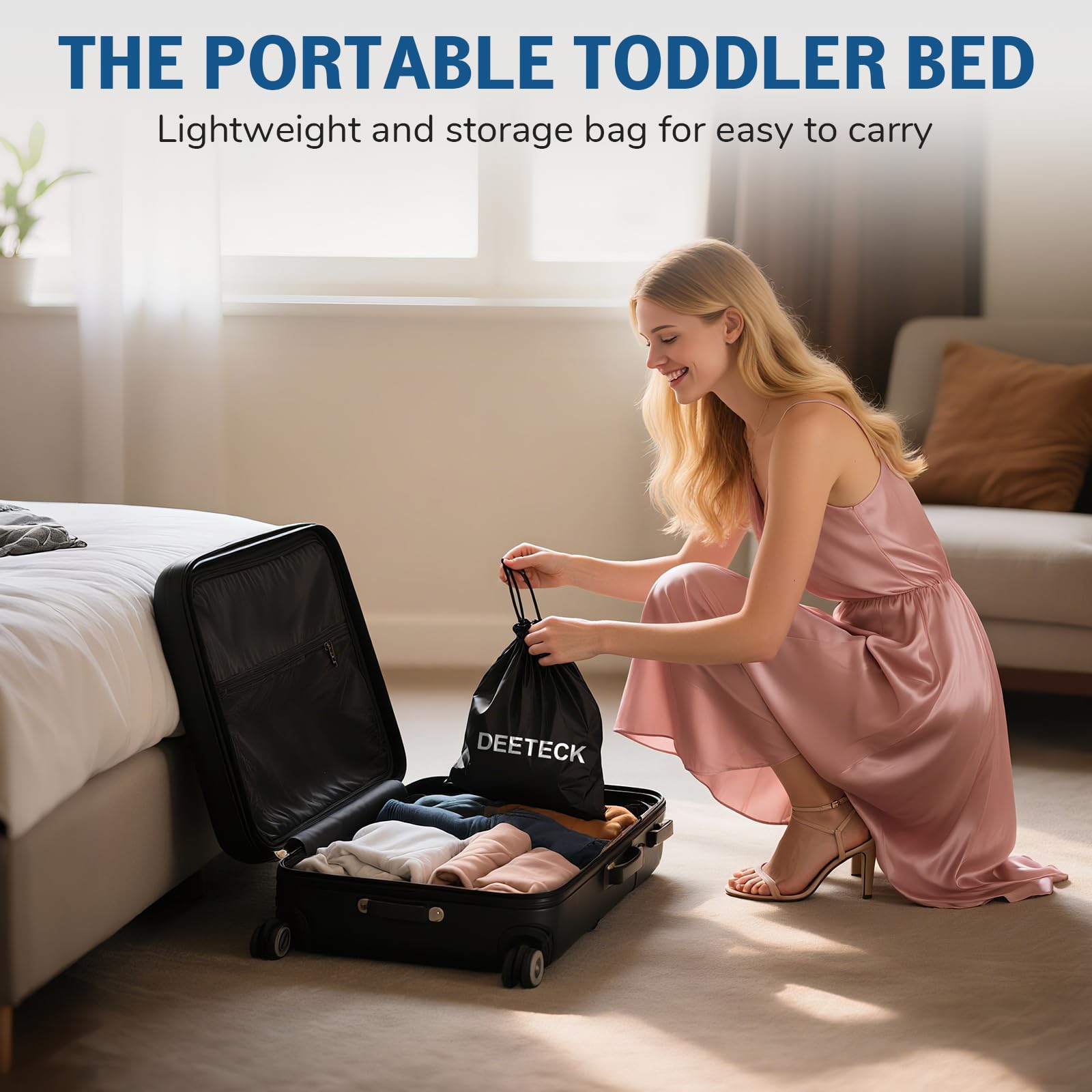 Deeteck toddler airplane bed folded in storage bag for easy packing.