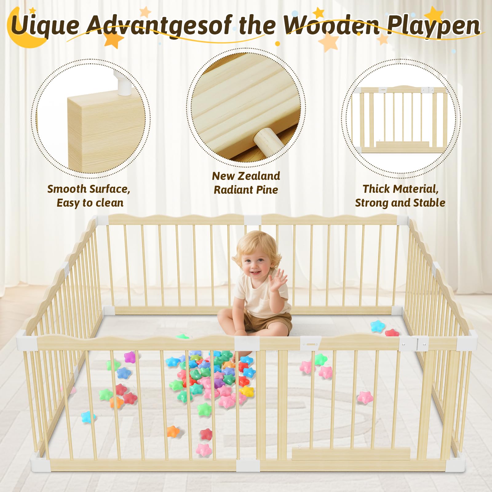 Deeteck wooden playpen 65inch area highlights ample crawling space for toddlers.