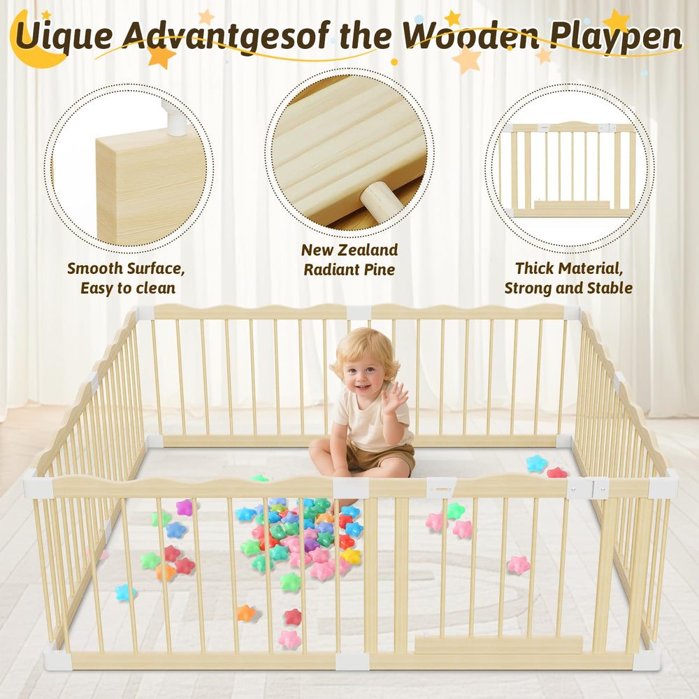 Deeteck wooden playpen 65inch area highlights ample crawling space for toddlers.