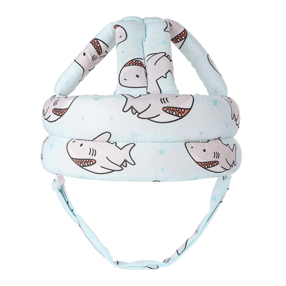 DEEZOMO baby head protector in shark design worn during playful crawling sessions