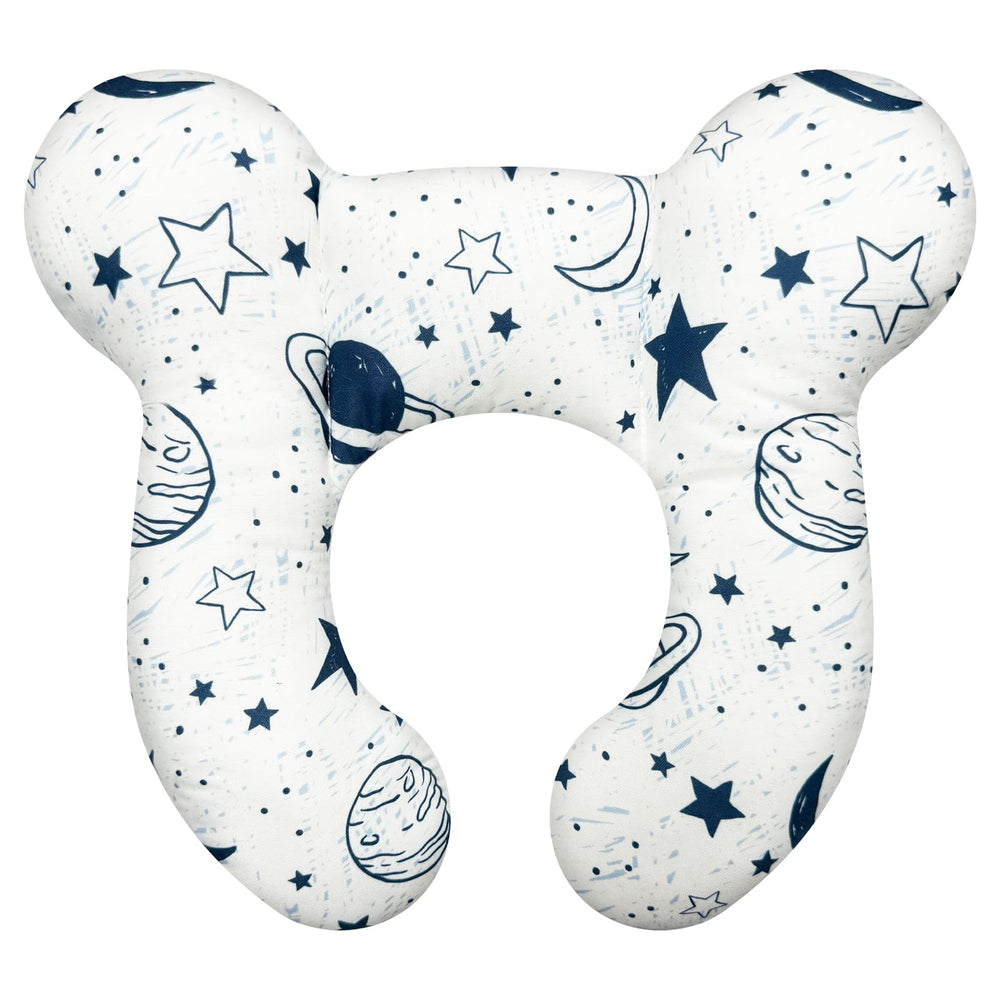 DEEZOMO Baby Neck Pillow Starry Sky closeup shows plush cotton for gentle neck support during travel.