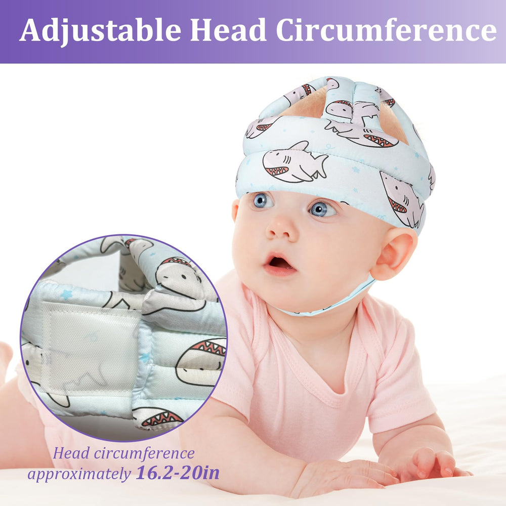 DEEZOMO head protector shows hook and loop closure securing a snug fit during active play