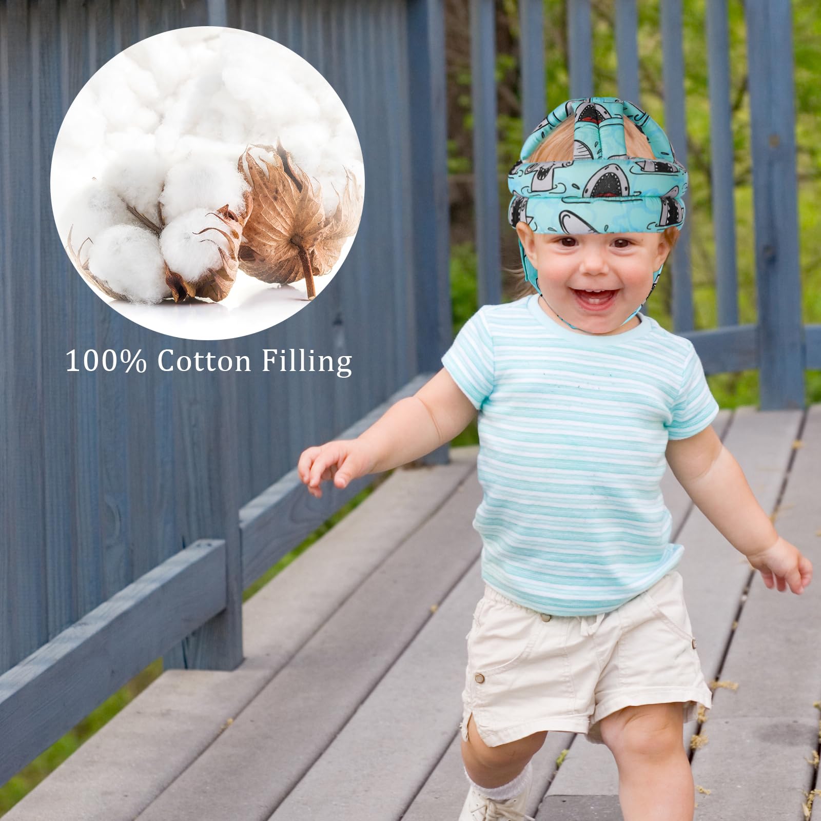 DEEZOMO head protector worn while crawling demonstrates secure, flexible fit during active play.