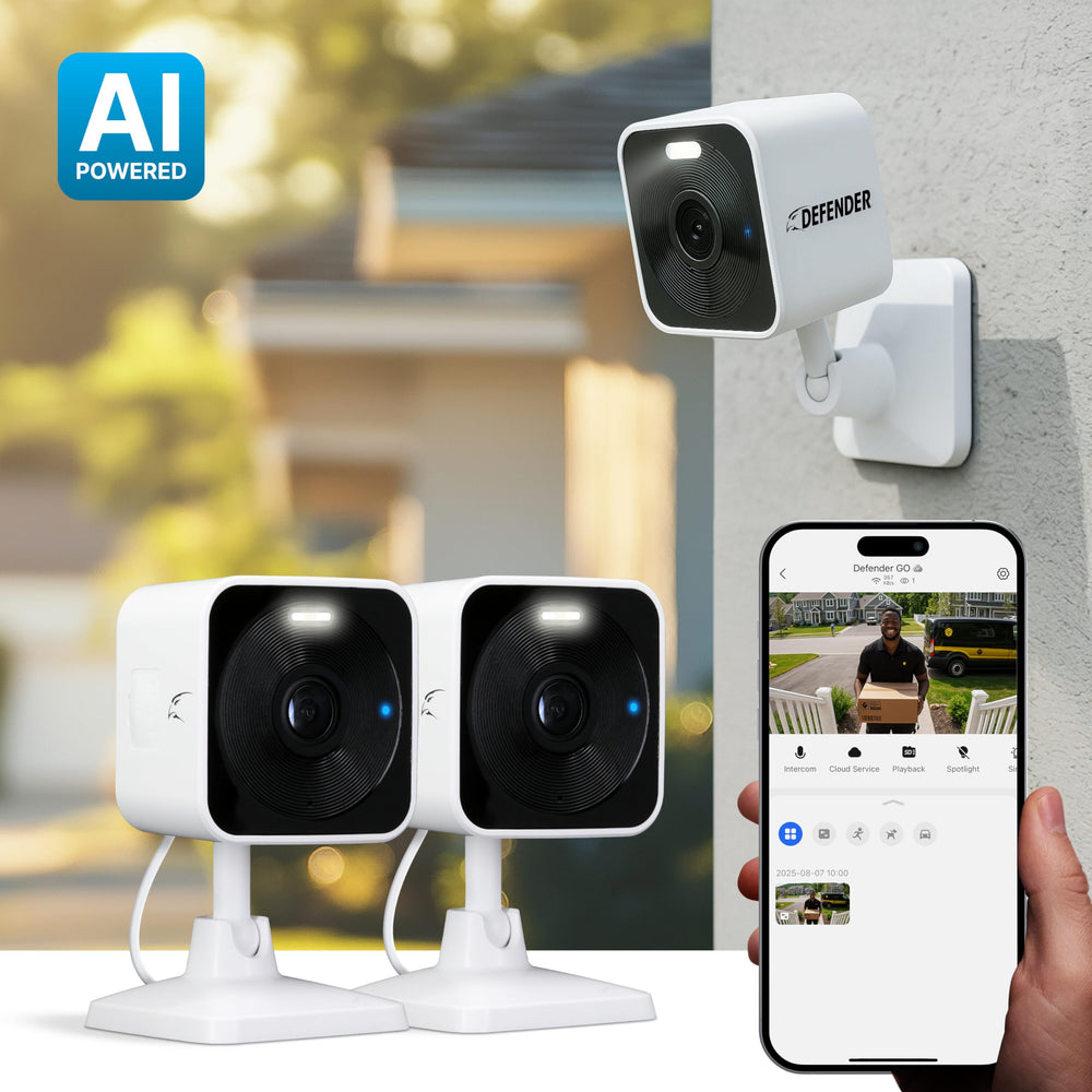 Defender GO 2K AI detection highlights human motion alerts with reduced false alarms.