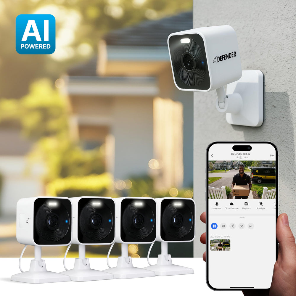 Defender GO 2K AI camera indoor-outdoor mount; flexible setup for nursery or porch.