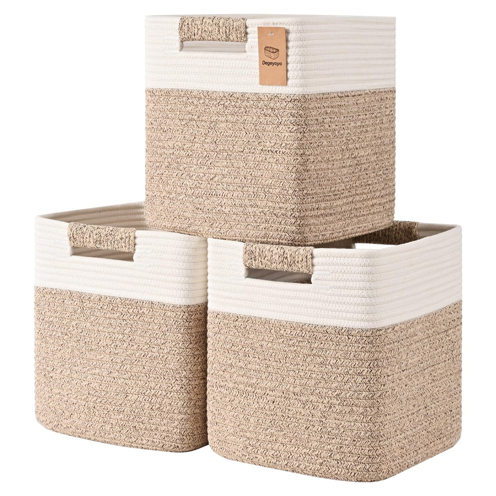 Degeyoyo 11-inch cube storage bins on a shelf for tidy organization.