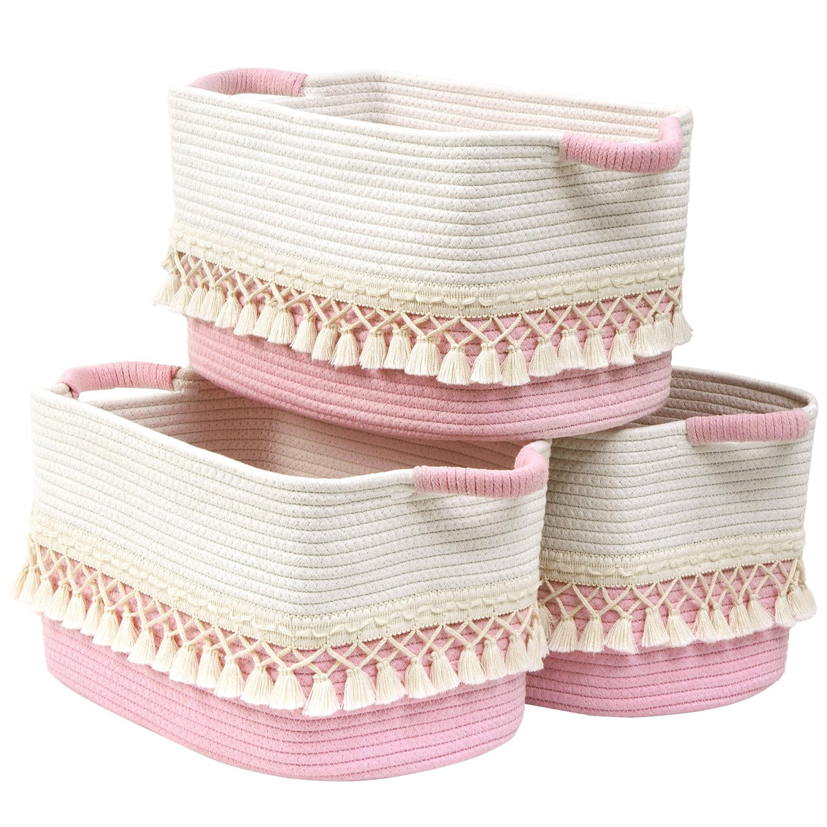 Degeyoyo 3-pack storage basket on a shelf with boho tassels for tidy, stylish storage.