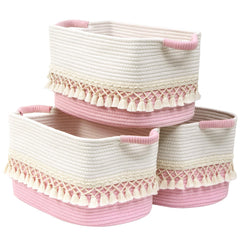Degeyoyo 3-pack storage basket on a shelf with boho tassels for tidy, stylish storage.